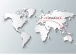 Weltkarte mit weißen Kontinenten auf grauem Hintergrund. Vom Logo „Framence“ in Europa führen rote Linien zu Standorten in Australien und Asien