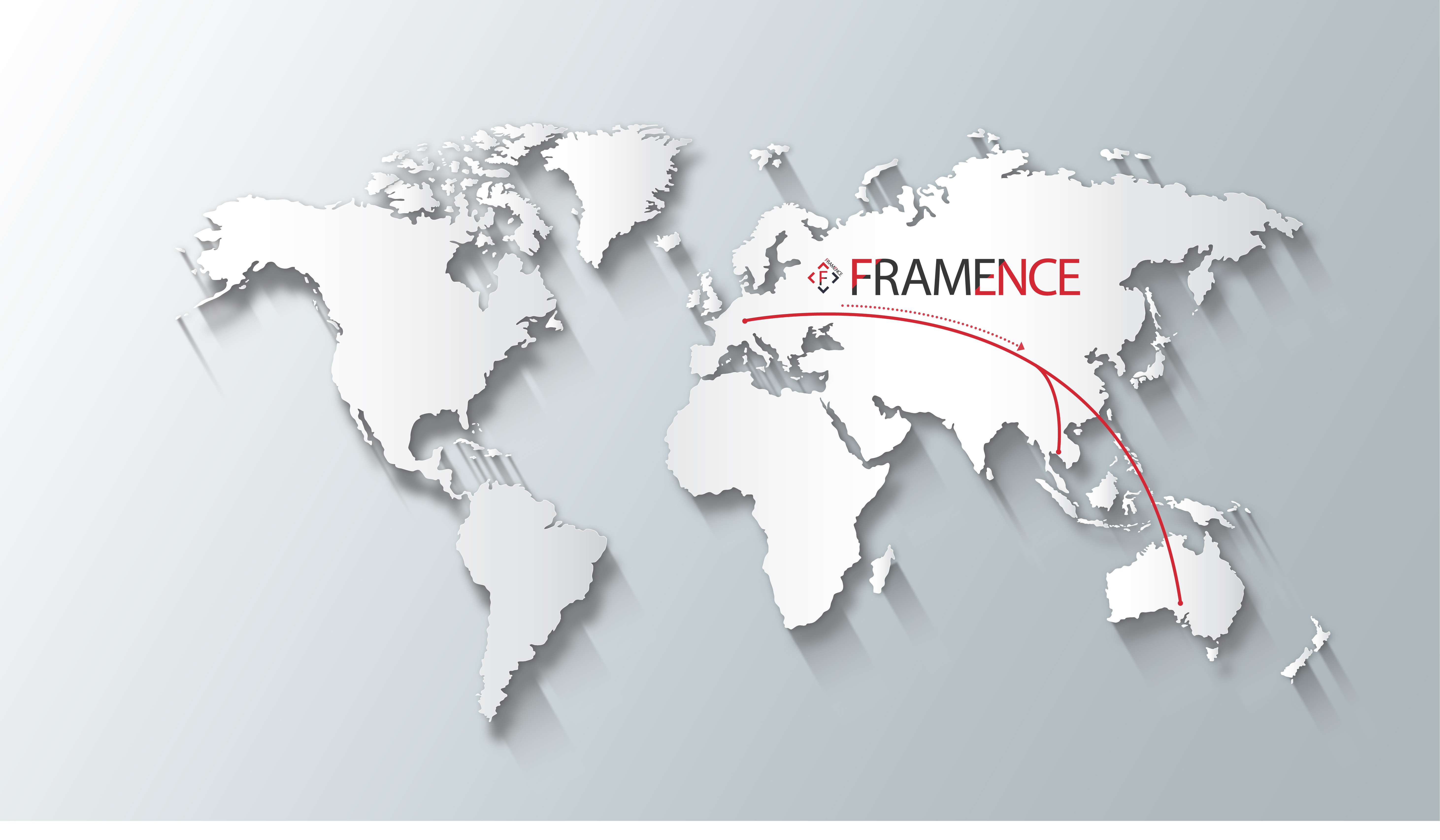 Framence expands into Asia Weltkarte mit weißen Kontinenten auf grauem Hintergrund. Vom Logo „Framence“ in Europa führen rote Linien zu Standorten in Australien und Asien