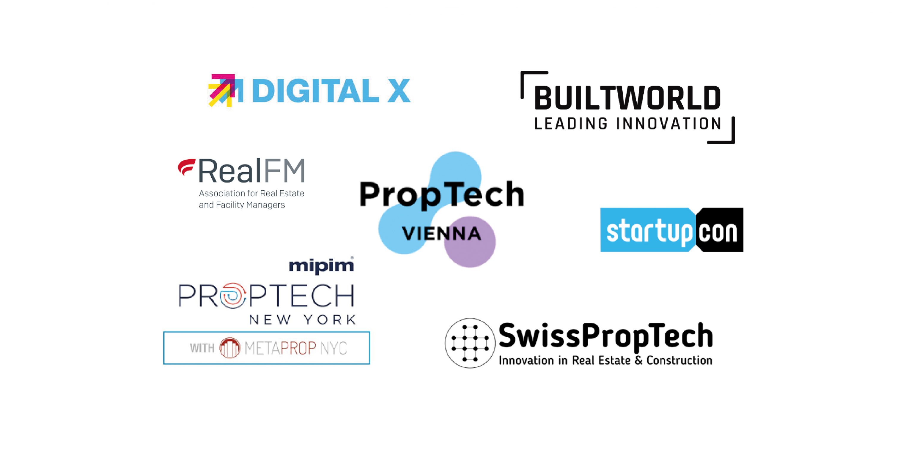 DigitalX, Builtworld, RealFM, PropTech Vienna, startupcon, mipim PROPTECH, SwissPropTech Eine Collage aus Logos verschiedener PropTech-Events und Organisationen: Digital X, BuiltWorld, RealFM (Association for Real Estate and Facility Managers), PropTech Vienna, startupcon, MIPIM PropTech New York mit MetaProp NYC, SwissPropTech (Innovation in Real Estate & Construction)