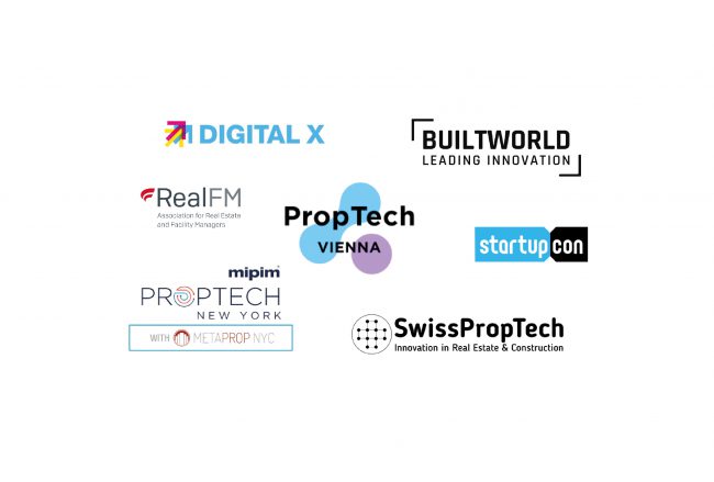 DigitalX, Builtworld, RealFM, PropTech Vienna, startupcon, mipim PROPTECH, SwissPropTech Eine Collage aus Logos verschiedener PropTech-Events und Organisationen: Digital X, BuiltWorld, RealFM (Association for Real Estate and Facility Managers), PropTech Vienna, startupcon, MIPIM PropTech New York mit MetaProp NYC, SwissPropTech (Innovation in Real Estate & Construction)