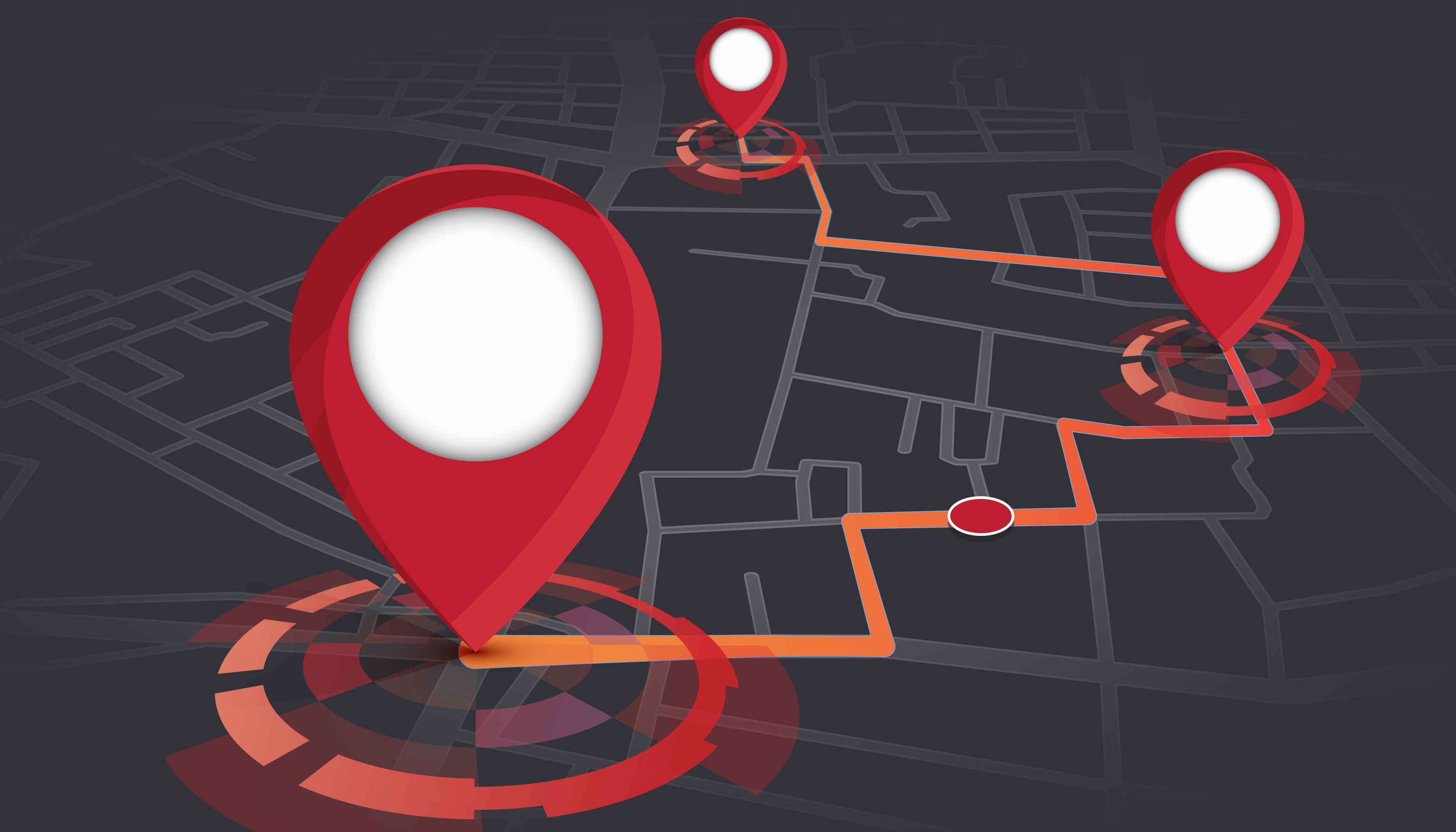 Roadshow Stilisierte Karte in dunklen Farben mit mehreren roten Standortmarkierungen, die über eine orange Route verbunden sind – Darstellung eines Navigations- oder Trackingprozesses