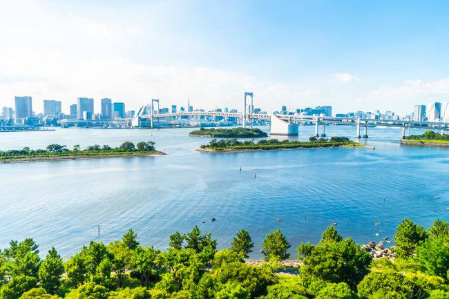 Tokyo Panoramablick auf die Rainbow Bridge in Tokio bei klarem Himmel, umgeben von Wolkenkratzern, Wasserflächen und grüner Vegetation im Vordergrund
