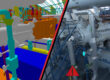 Split image: on the left a colorful 3D planning view of an industrial plant, on the right a photo of the same plant with digital markings