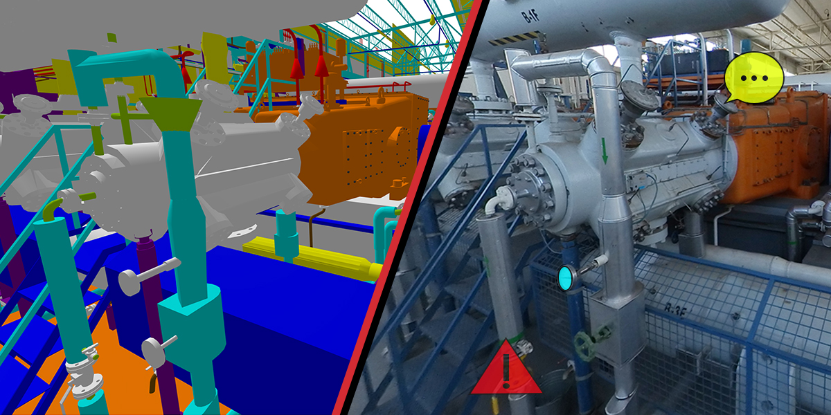 Framence_Blog_Gegenueberstellung Split image: on the left a colorful 3D planning view of an industrial plant, on the right a photo of the same plant with digital markings