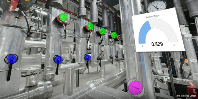 Framence_Blog_Bestandsdokumentation Technical pipe systems with color-coded components and a digital overlay of a pressure display with a value of 0.829 ("relative pressure").