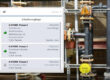 View of a piping system with digitally superimposed work process list for 'Pump 2'; including status information such as 'without defects' and 'not executable', supplemented by markings and measuring points on the components