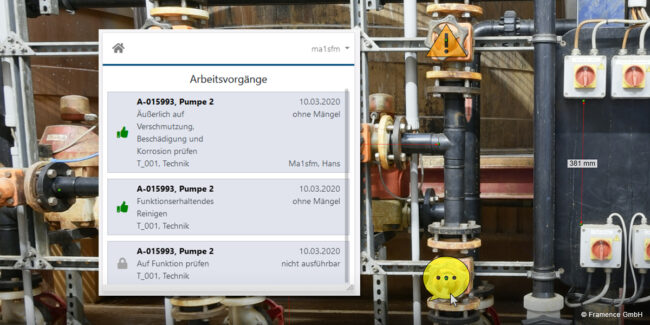 Framence_Blog_PoI View of a piping system with digitally superimposed work process list for 'Pump 2'; including status information such as 'without defects' and 'not executable', supplemented by markings and measuring points on the components