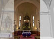 "Three-part representation of a church: on the left a point cloud model, in the middle a photo of the church interior with altar and stained glass windows, on the right a reduced 3D model view