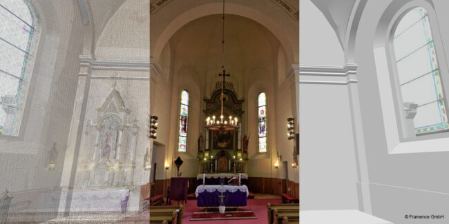 Framence_Blog_eins_fuer_alles "Three-part representation of a church: on the left a point cloud model, in the middle a photo of the church interior with altar and stained glass windows, on the right a reduced 3D model view