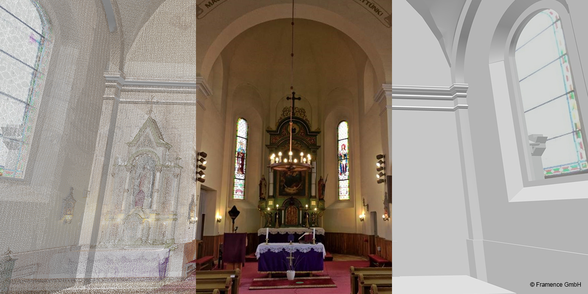 Framence_Blog_eins_fuer_alles "Three-part representation of a church: on the left a point cloud model, in the middle a photo of the church interior with altar and stained glass windows, on the right a reduced 3D model view
