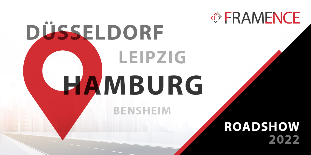 Framence_Blog_Roadshow_2022 "Graphic for the FRAMENCE Roadshow 2022 with city names Düsseldorf, Leipzig, Bensheim and Hamburg highlighted in large; central red location symbol on stylized city background graphic