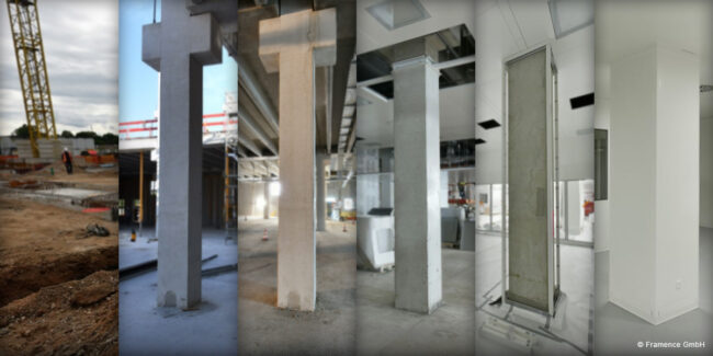 Framence_Blog_Baustellendokumentation Series of images shows the development of a concrete column - from the shell through various stages of construction to the finished, plastered interior solution.
