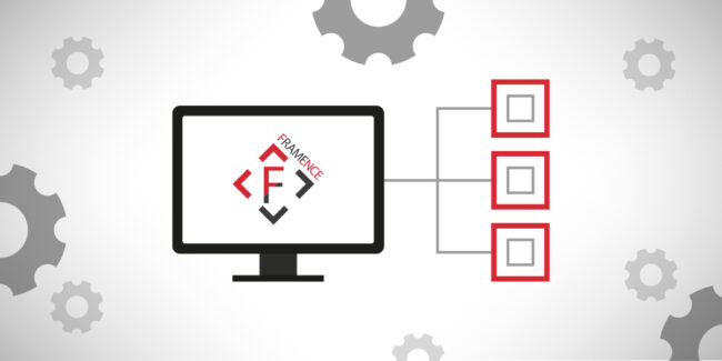 Framence_Blog_Fremdsysteme Graphic of a monitor with Framence logo, connected with three elements framed in red