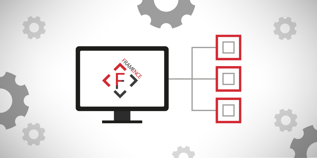 Framence_Blog_Fremdsysteme Graphic of a monitor with Framence logo, connected with three elements framed in red