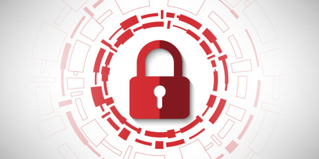 Framence_Blog_Sicherheit Red padlock symbol in the middle of a stylized digital circle made of geometric elements - representation for cybersecurity or data protection