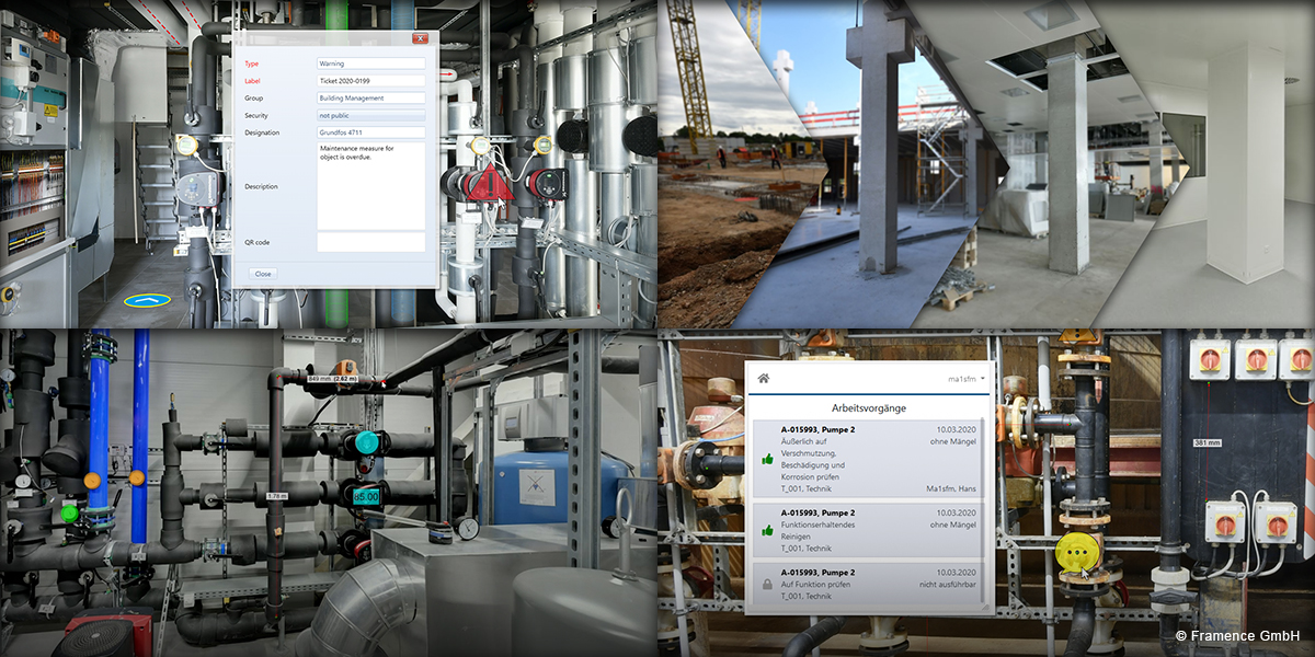 Framence_Blog_VAM Collage of several technical scenes: Building services rooms, piping systems, building site with construction progress, and digital maintenance tickets or work orders on screens. The focus is on digital documentation and plant management