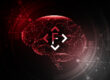 Stylized, bright red brain graphic with networked data points on a dark background; in the middle a symbol with arrows and the letter F