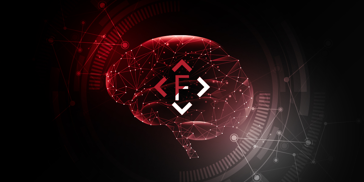 Framence_Blog_Wissensmanagement Stylized, bright red brain graphic with networked data points on a dark background; in the middle a symbol with arrows and the letter F