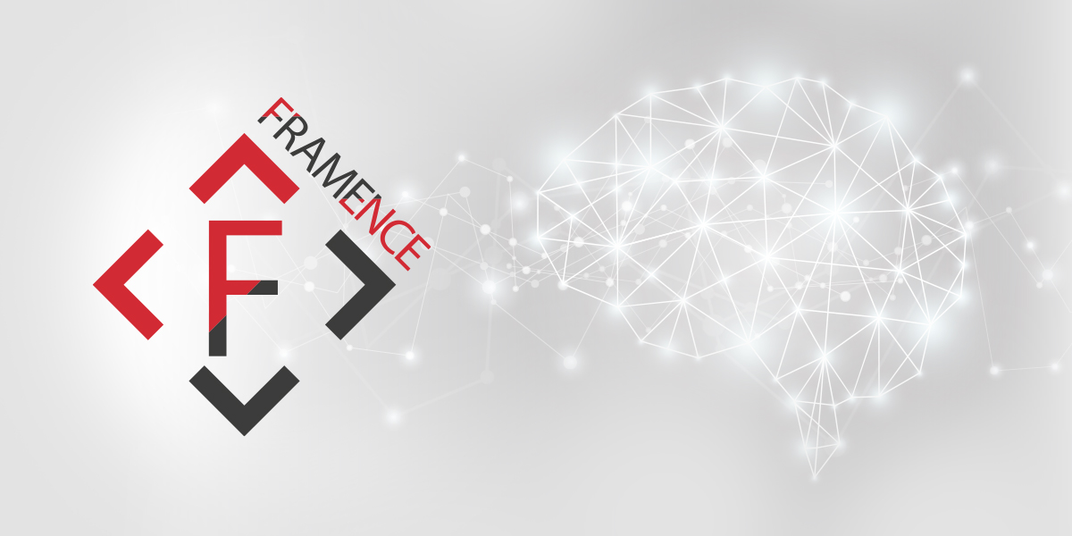 Framence_Blog_Fotorealistische_digitale_Zwillinge_x_KI FRAMENCE logo next to a stylized, glowing representation of a neural network in the shape of a brain - symbol for AI-supported digitalization.