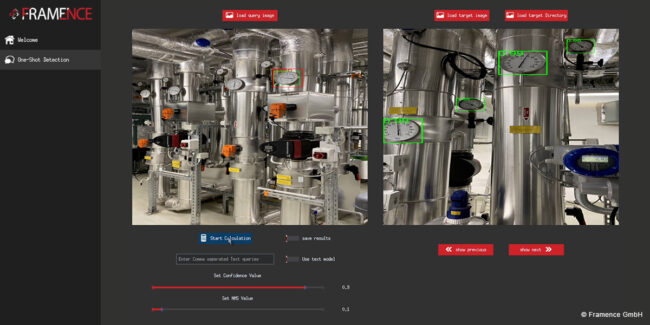 Framence_Blog_Image_based_Object_Detection_Demo Screenshot of the Framence One-Shot Detection user interface with detected measurement displays in a technical system, highlighted by colored frames.