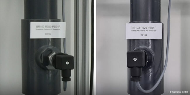 Framence_Blog_Show_Detail_Images Two images of a gray pressure sensor labeled "Pressure Sensor Air Pressure" on a pipe system, each with cable connection.