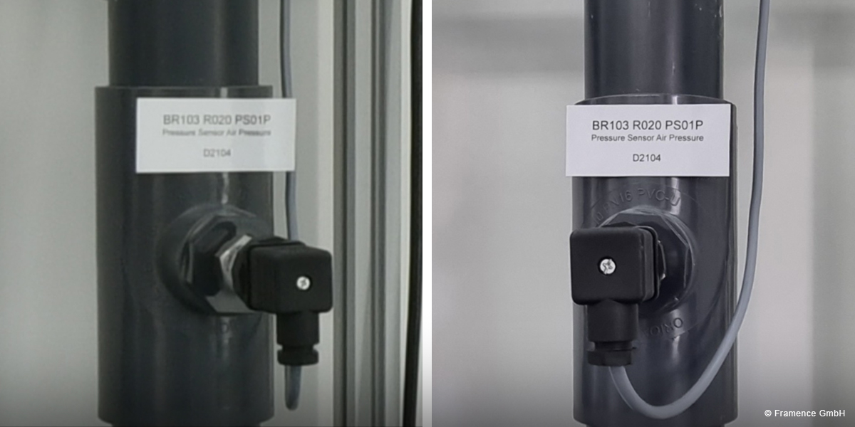 Framence_Blog_Show_Detail_Images Two images of a gray pressure sensor labeled "Pressure Sensor Air Pressure" on a pipe system, each with cable connection.