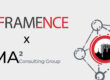 Graphic representation of a cooperation between FRAMENCE and MA² Consulting Group with their logos; on the right a stylized network with industrial plants under a red magnifying glass