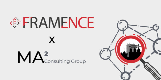 Framence_Blog_Webinar_FRAMENCExMA2ConsultingGroup Graphic representation of a cooperation between FRAMENCE and MA² Consulting Group with their logos; on the right a stylized network with industrial plants under a red magnifying glass
