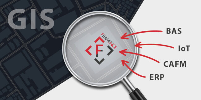 Framence_Blog_GIS_und_FRAMENCE_eng Graphic with city map in the background, a magnifying glass pointed at the Framence logo. Red arrows point to BAS, IoT, CAFM and ERP as integrated systems.
