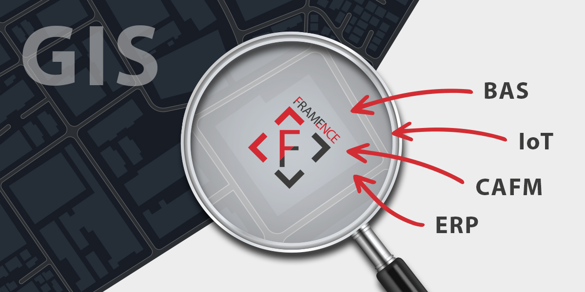 Framence_Blog_GIS_und_FRAMENCE_eng Graphic with city map in the background, a magnifying glass pointed at the Framence logo. Red arrows point to BAS, IoT, CAFM and ERP as integrated systems.