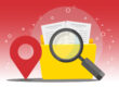 Illustration featuring a red location pin, a yellow folder with documents, and a magnifying glass on a red background – symbolizing location tracking and document analysis