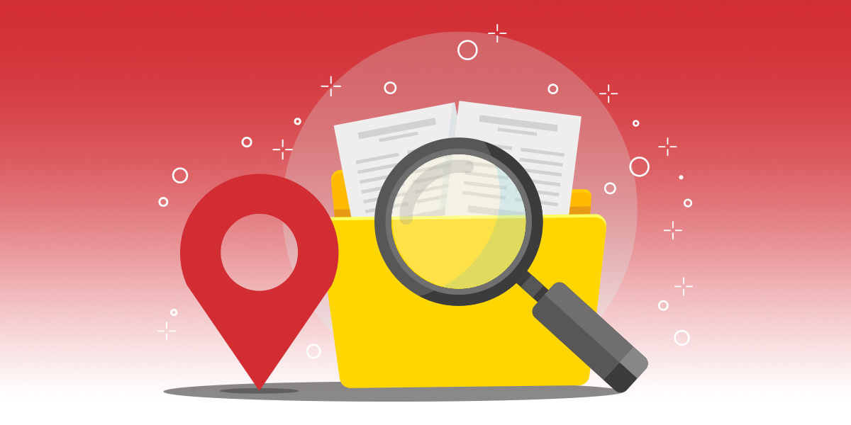 Framence_Blog_Informationsbereitstellung Illustration mit rotem Standort-Pin, gelbem Ordner mit Dokumenten und einer Lupe vor rotem Hintergrund – symbolisiert Standortsuche und Dokumentenanalyse.