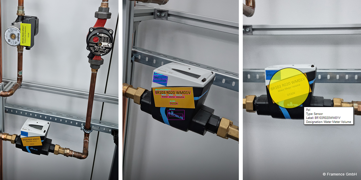 Framence_Blog_OCR_eng Close-up of several sensors on copper pipes with color-coded labels for identifying and measuring water volume and pressure, in english