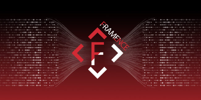 Framence_Blog_Datenflut Abstract representation with the FRAMENCE logo in the center, surrounded by digital lines and dots symbolizing connectivity