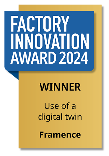 Plaque stating “Factory Innovation Award 2024” with the title “Winner – Use of a digital twin”, awarded to Framence.