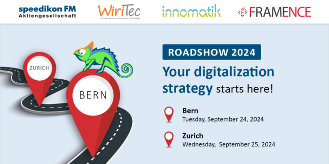 Framence_Blog_Roadshow_eng English version of the roadshow graphic with the same elements: road layout, markings for Bern and Zurich, logos and event data.