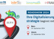 Grafische Darstellung einer Roadshow mit Markierungen auf einer Straße zu den Städten Bern und Zürich, begleitet von Logos der veranstaltenden Unternehmen und Terminen.