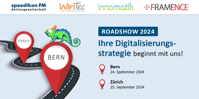 Framence_Blog_Roadshow_de Grafische Darstellung einer Roadshow mit Markierungen auf einer Straße zu den Städten Bern und Zürich, begleitet von Logos der veranstaltenden Unternehmen und Terminen.