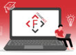 Illustration eines Mannes mit Laptop, der auf einem großen Laptop sitzt, auf dessen Bildschirm das FRAMENCE-Logo angezeigt wird, mit Symbolen für Bildung, Ideen und Ziele im Hintergrund.