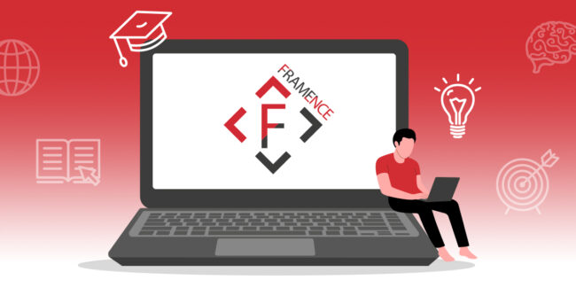 Framence_Blog_Schulung_Onbording Illustration of a man with a laptop sitting on a large laptop displaying the FRAMENCE logo, with icons for education, ideas, and goals in the background.