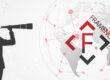 Illustration of a businessman with a telescope looking right towards a stylized globe with network connections and the FRAMENCE logo.