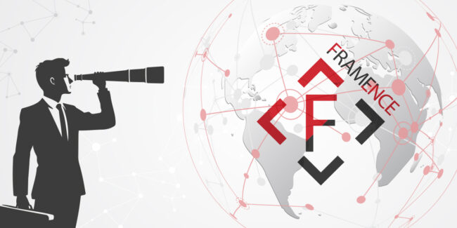 Framence_Blog_November Illustration of a businessman with a telescope looking right towards a stylized globe with network connections and the FRAMENCE logo.