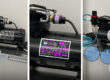 Three views of a black compressor with a blue pressure hose, nameplate, and labeled tags for outlet valves and output pressure.