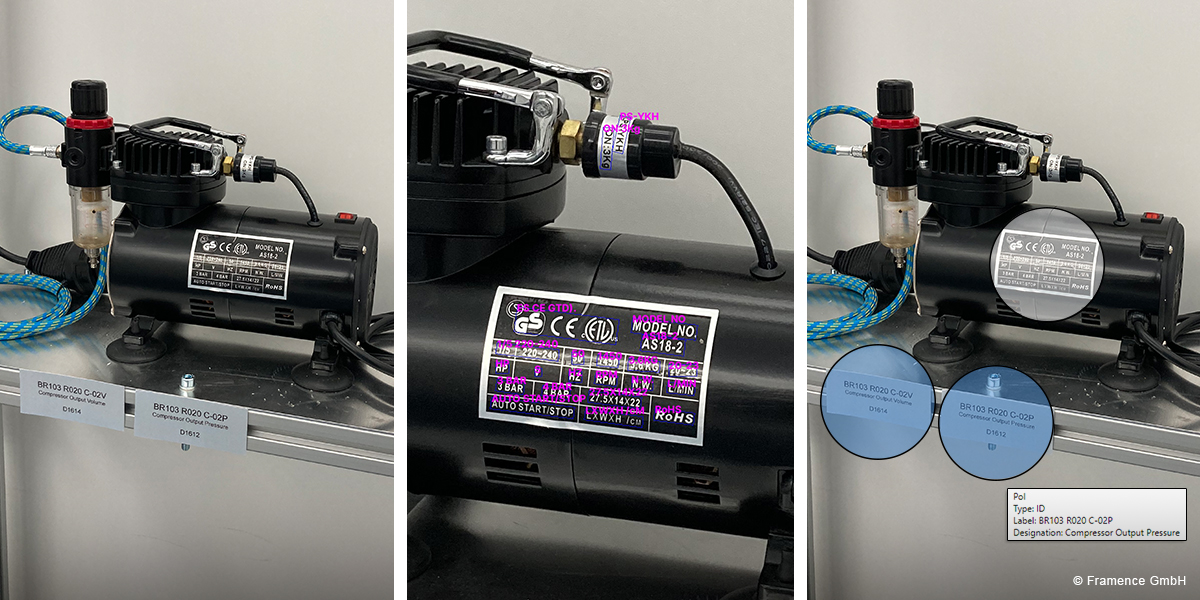 Framence_Blog_OCR_eng Three views of a black compressor with a blue pressure hose, nameplate, and labeled tags for outlet valves and output pressure.