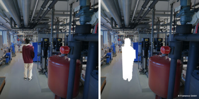 Framence_Blog_Personen_unkenntlich_machen Split image of a technical facility with pipes and machinery; on the left, a person in a red sweater is present, while on the right, the person has been digitally removed.