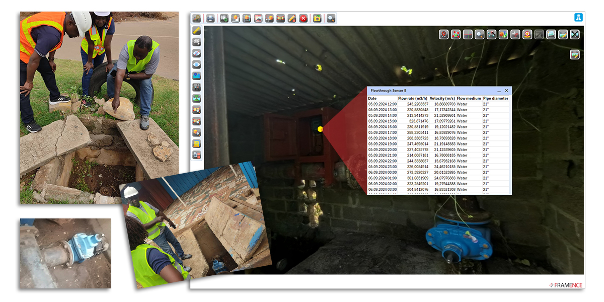 Framence_Blog_Ghana_Projekt Several images show employees in safety vests inspecting pipes and water connections. A larger image shows a software view with measurement data on flow rates and velocities in a pipe system. The Framence logo is at the bottom right