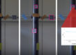 A composite image consisting of three panels showing a metal pipe with multiple QR codes and labels attached to it. In the middle panel, several QR codes are highlighted with pink squares, indicating a focus on digital identification. The rightmost panel includes an overlay of a red triangular highlight pointing to a QR code, along with a small graph displaying a decreasing trend in flow rate labeled 'Flowthrough QR.' The image suggests the use of QR codes for monitoring and data retrieval in an industrial setting. © Framence GmbH.