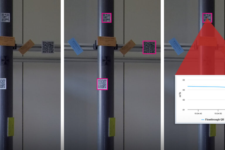 Framence_Blog_QR_Codes_Barcodes English: A composite image consisting of three panels showing a metal pipe with multiple QR codes and labels attached to it. In the middle panel, several QR codes are highlighted with pink squares, indicating a focus on digital identification. The rightmost panel includes an overlay of a red triangular highlight pointing to a QR code, along with a small graph displaying a decreasing trend in flow rate labeled 'Flowthrough QR.' The image suggests the use of QR codes for monitoring and data retrieval in an industrial setting. © Framence GmbH. Deutsch: Ein zusammengesetztes Bild mit drei Panels zeigt ein Metallrohr, an dem mehrere QR-Codes und Etiketten befestigt sind. Im mittleren Panel sind mehrere QR-Codes mit pinken Kästchen hervorgehoben, was auf eine digitale Identifikation hinweist. Im rechten Panel wird ein QR-Code mit einem roten dreieckigen Overlay fokussiert, und ein kleines Diagramm zeigt einen abfallenden Trend der Durchflussrate mit der Beschriftung 'Flowthrough QR.' Das Bild verdeutlicht den Einsatz von QR-Codes zur Überwachung und Datenabfrage in einer industriellen Umgebung. © Framence GmbH.