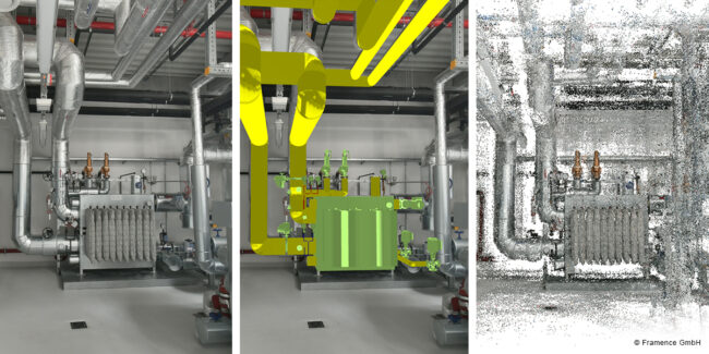 Framence_Blog_3D_Modell_Pointcloud Three-part image of an industrial plant with pipes and heat exchanger: the real scene on the left, a digitally modeled version with components highlighted in yellow and green in the middle, and a point cloud view of the same scene on the right.