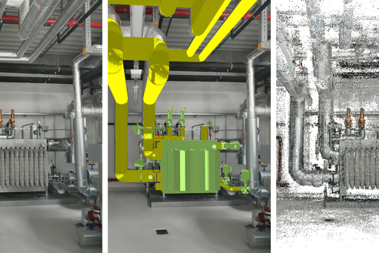 Framence_Blog_3D_Modell_Pointcloud Dreigeteiltes Bild einer industriellen Anlage mit Rohren und Wärmetauscher: links die reale Szene, mittig eine digital modellierte Version mit gelb und grün hervorgehobenen Komponenten, rechts eine Punktwolkenansicht der gleichen Szene.